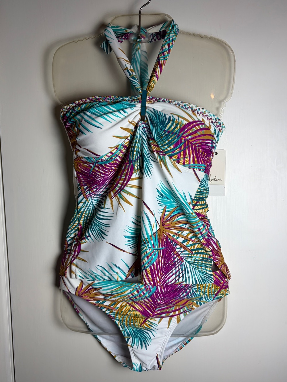 Leilani Halter Tankini 2-piece Swimsuit in White w/ Teal & Magenta Palm Print